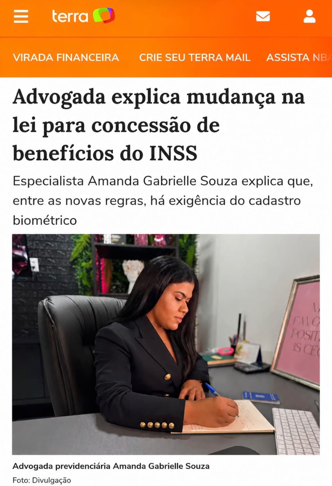 Dra. Amanda Gabrielle Souza — entrevista em Portal Terra